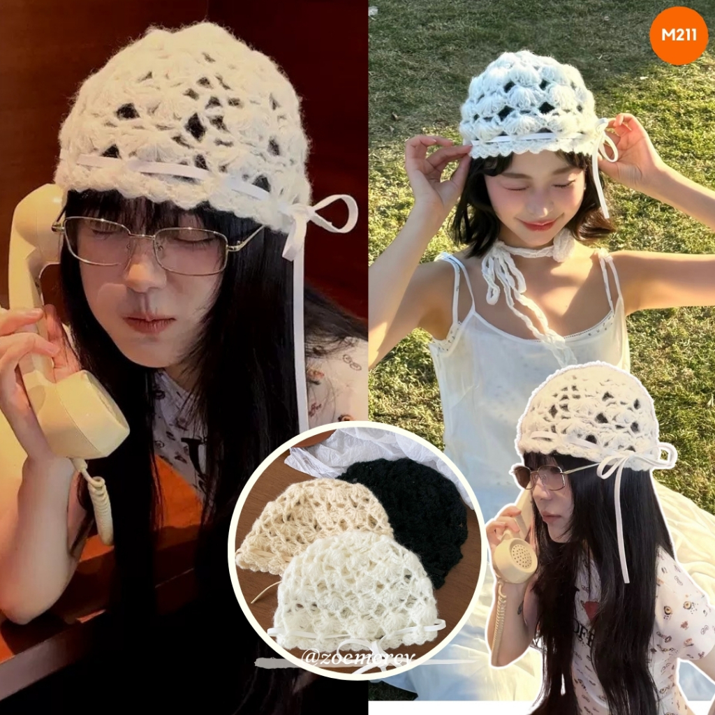 [SẴN]-🍊 Mũ trùm đầu len móc gắn hoa ren thời trang phong cách Nhật Bản (M186)-P1