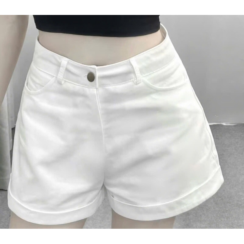 Quần Short KaKi Cạp Cao Gập Gấu Phong Cách Hàn Quốc
