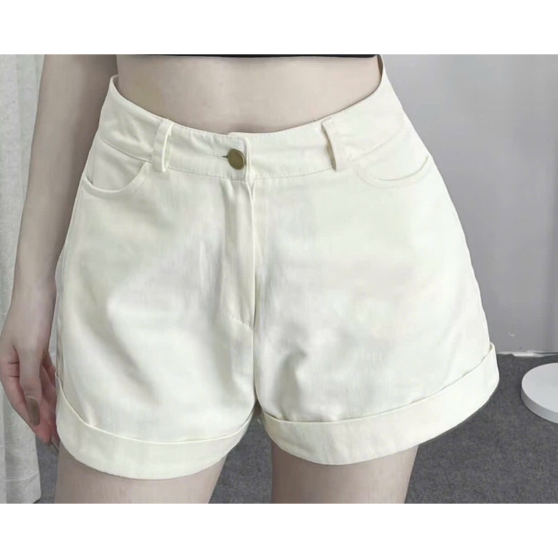 Quần Short KaKi Cạp Cao Gập Gấu Phong Cách Hàn Quốc