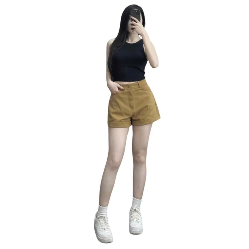 Quần Short KaKi Cạp Cao Gập Gấu Phong Cách Hàn Quốc