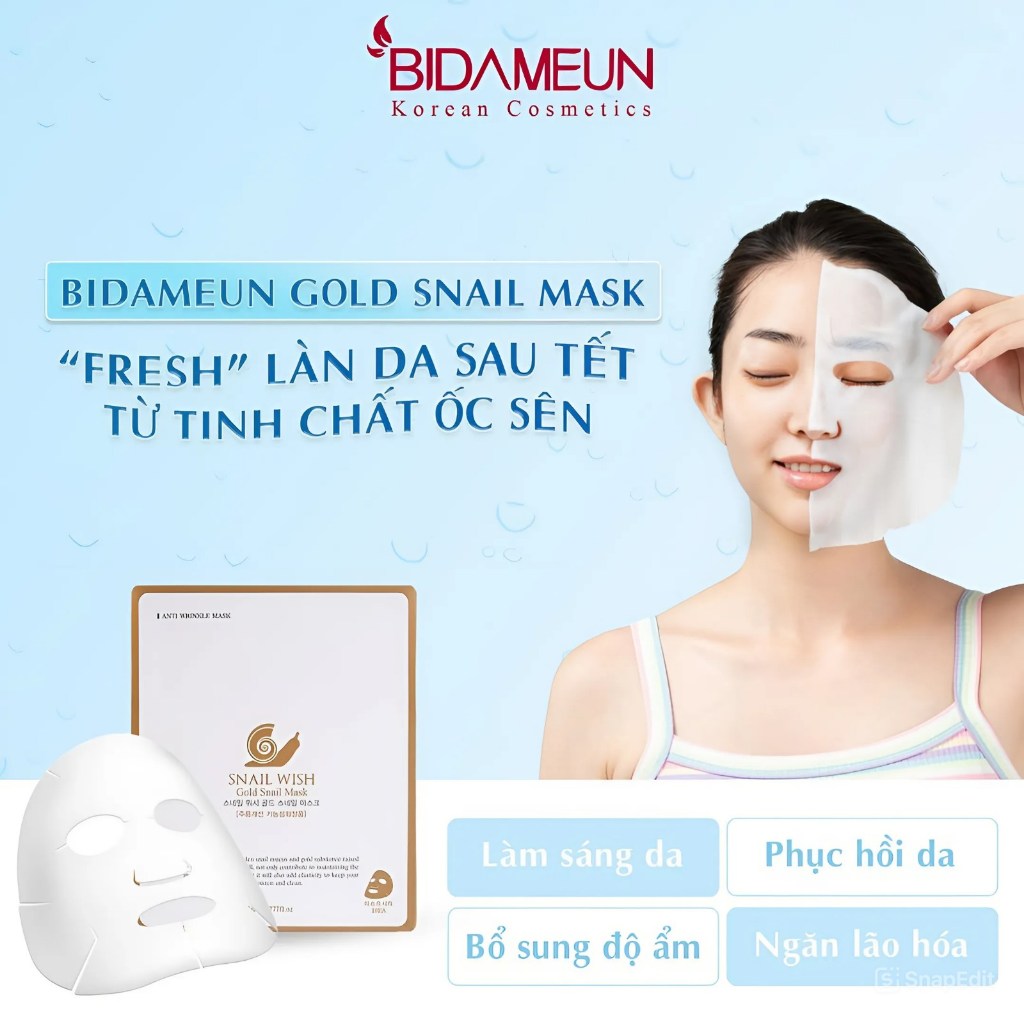 Ảnh - Mặt nạ dưỡng cấp ẩm, hỗ trợ tái tạo da chiết xuất vàng và dịch chiết Ốc Sên Bidameun 2