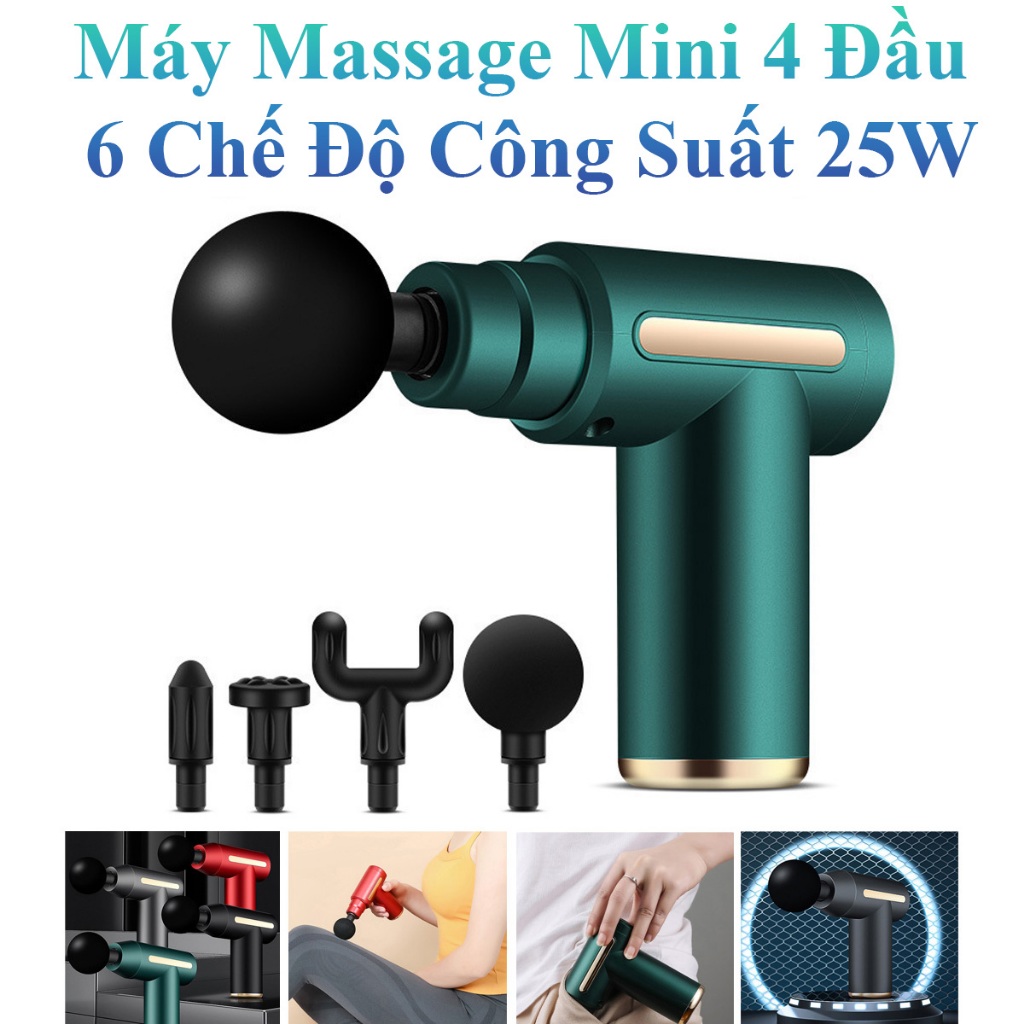Máy Massage Gun Mini Công Suất Mạnh 25W 4 Đầu 6 Chế Độ Tiện Lợi