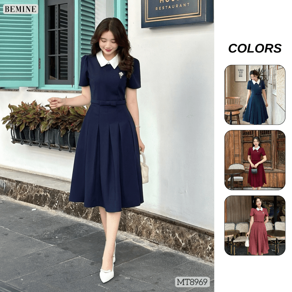 Ảnh Đầm thiết kế cổ sen eo đính nơ tùng xếp ly BEMINE MT8969 1