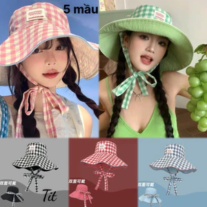 Mũ tai bèo chống nắng vành rộng dùng được 2 mặt hoạ tiết kẻ cara