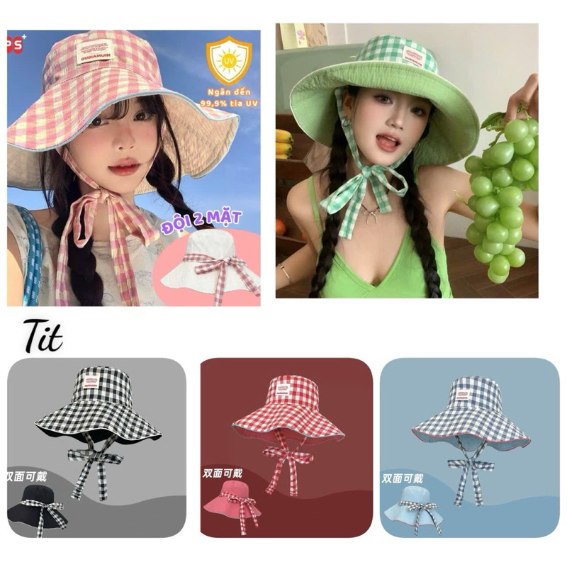 Mũ tai bèo chống nắng vành rộng dùng được 2 mặt hoạ tiết kẻ cara