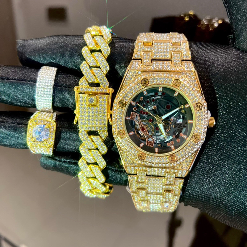 [TẶNG NHẪN] Combo đồng hồ pintime và vòng tay đính đá cuban - PT01
