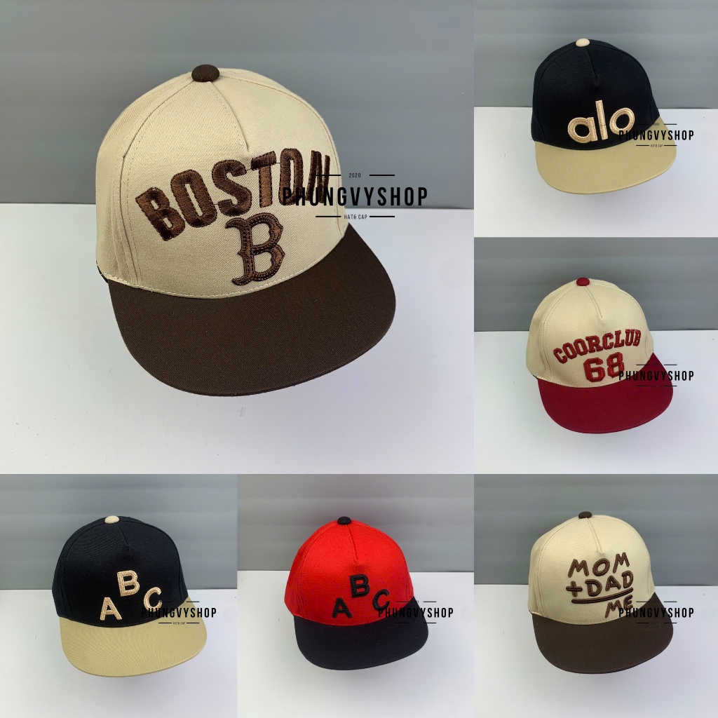 Bé 3-6 TUỔI/ Mũ lưỡi trai Snapback bé trai gái phungvyshop- Nón trẻ em / Kết trung HipHop BOSTON B Vá Màu /