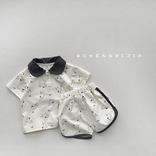 Áo ngắn tay cổ polo hoạt hình + quần short mùa hè cho bé