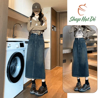 Chân váy jean dài váy bò chữ a xẻ tà trước cạp cao dáng suông màu xanh V20 Jeanelle Store
