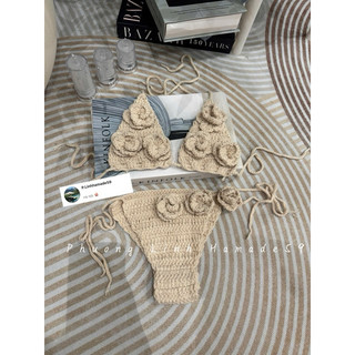 set bikini len hoa hồng quyến rũ màu be đậm