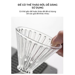 Volcano Phễu pha cà phê, phễu thuỷ tinh V60 rãnh thẵng đế nhựa đen