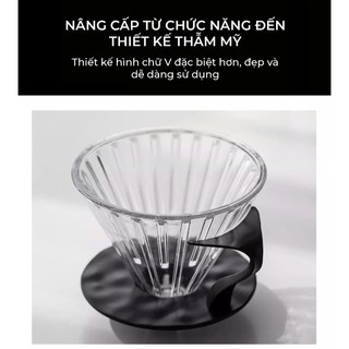 Volcano Phễu pha cà phê, phễu thuỷ tinh V60 rãnh thẵng đế nhựa đen
