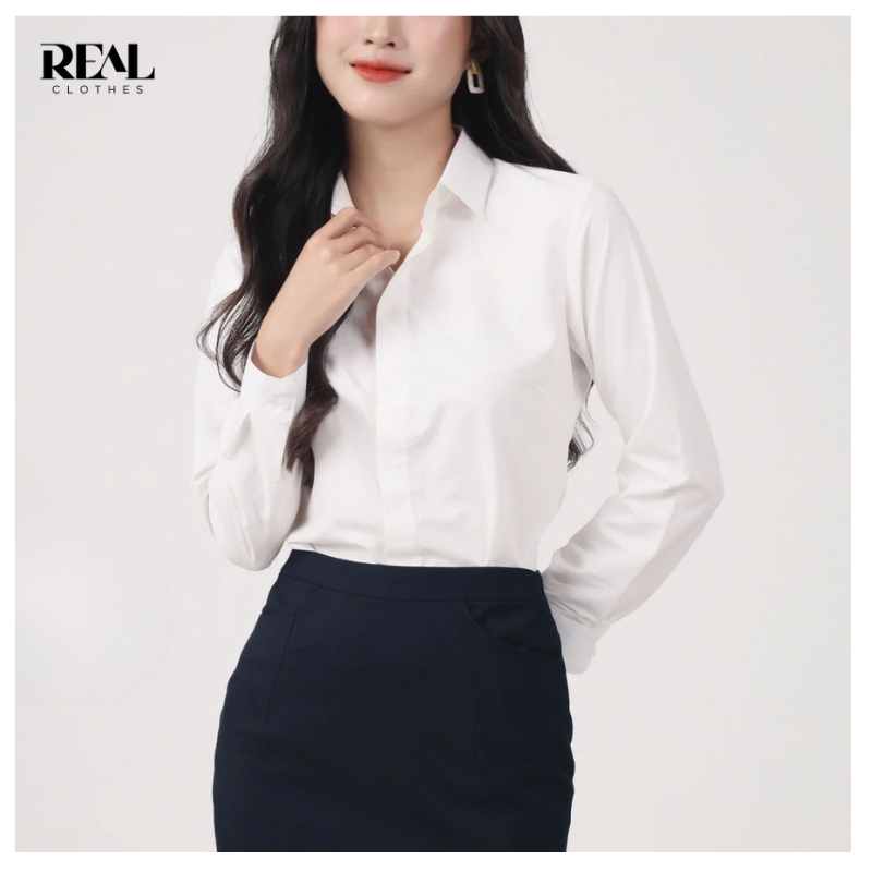 Sơ mi công sở màu trắng tay dài REAL CLOTHES, vải lụa sồi ít nhăn, có nút dự phòng