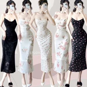 /𝙇.𝙎𝙩𝙪𝙙𝙞𝙤/ FLORAL - Đầm 2 dây mảnh NEW dây kéo hông, form đuôi cá siêu tôn dáng. Thun lưới mesh mát mịn