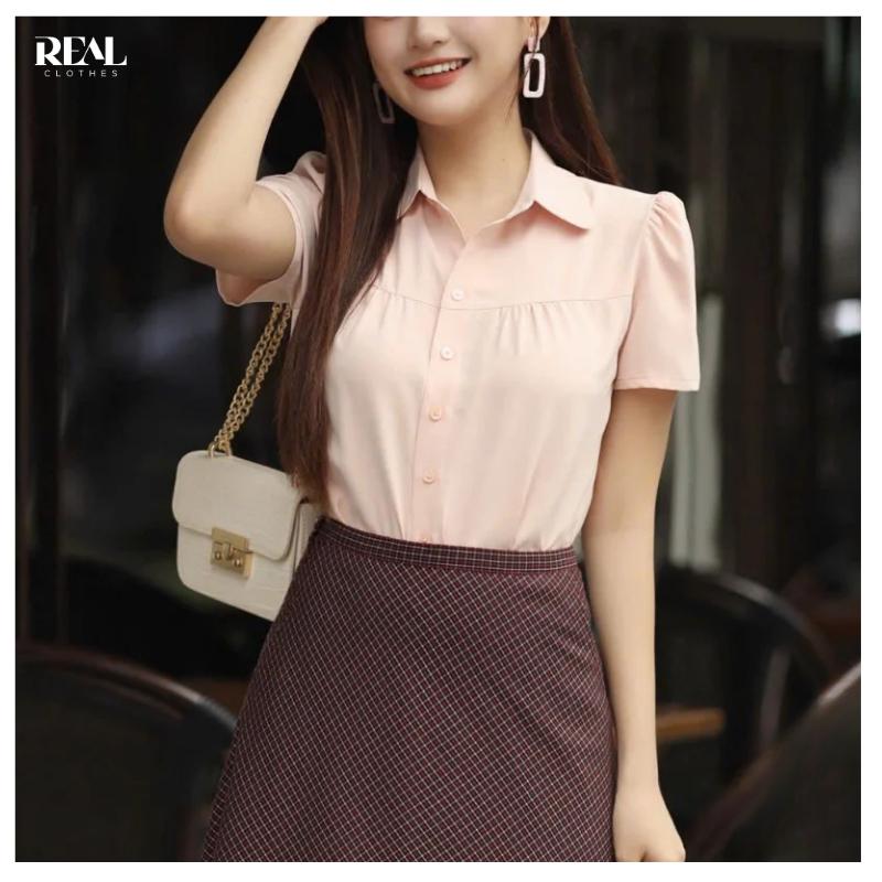 Sơ mi tay ngắn cánh tiên cam nhạt REALCLOTHES, vải lụa mịn, ít nhăn