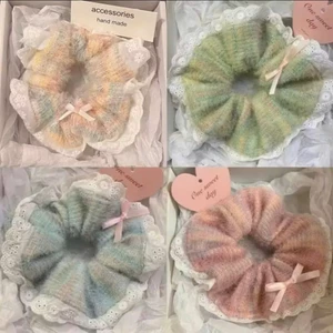 Scrunchies buộc tóc màu be vải xô cao cấp họa tiết hoa vintage