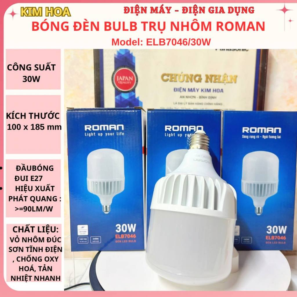 Bóng Đèn Led Buld ROMAN TRỤ NHÔM ELB7046/30W, màu trắng, chống nước mưa ...