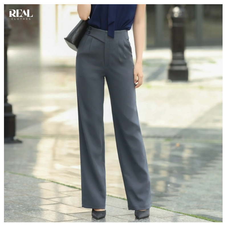 Quần suông lưng cao ống rộng Tokyo nút REAL CLOTHES (tổng hợp màu), che bụng, co giãn nhẹ, ít nhăn