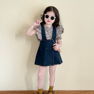 (Set váy + Áo) Set váy jean mùa hè cho bé gái Batala Kids, SET ÁO HOA VÁY JEAN HAI DÂY MÙA HÈ dễ thương cho bé từ 8-22kg