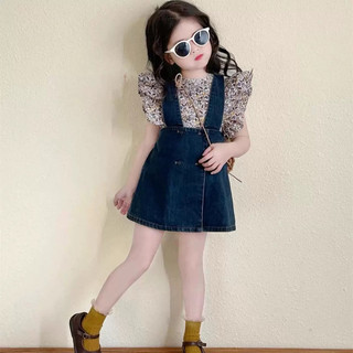 (Set váy + Áo) Set váy jean mùa hè cho bé gái Batala Kids, SET ÁO HOA VÁY JEAN HAI DÂY MÙA HÈ dễ thương cho bé từ 8-22kg