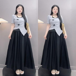 Set Áo Váy Bigsize Nữ Áo Thun Kiểu Cổ Yếm Đính Nơ Mix Váy Dài Nàng Thơ Cho Nữ Chuppy