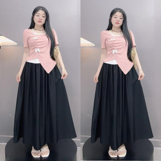Set Áo Váy Bigsize Nữ Áo Thun Kiểu Cổ Yếm Đính Nơ Mix Váy Dài Nàng Thơ Cho Nữ Chuppy