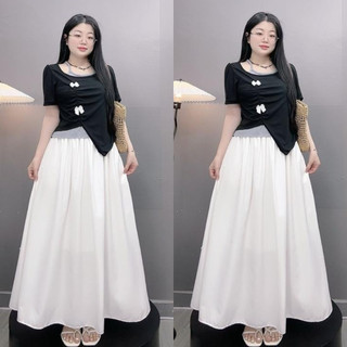 Set Áo Váy Bigsize Nữ Áo Thun Kiểu Cổ Yếm Đính Nơ Mix Váy Dài Nàng Thơ Cho Nữ Chuppy