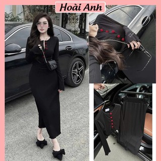 Set Bộ Đồ Nữ Tăm Đen Áo Croptop Dài Tay Cúc Bọc Đỏ Ôm Body Mix Chân Váy Dáng Dài Freesize
