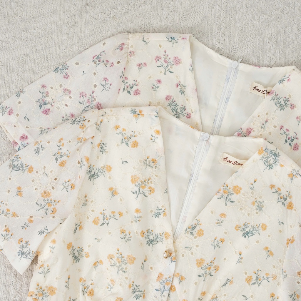 Ảnh Váy hoa nhí tay ngắn cổ V V2025281 dáng xòe nữ tính - Đầm hoa vintage công sở đi chơi, đi làm 4