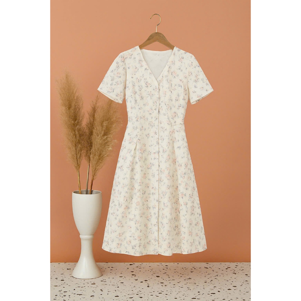 Ảnh Váy hoa nhí dáng xòe tay ngắn cổ V V2025281 – Đầm hoa vintage công sở nữ 1