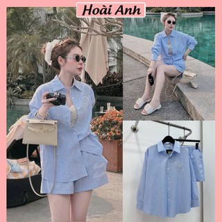 Set Bộ Đồ Nữ Kẻ Sọc Xanh Dương Thêu B Bad Blood 2 Mặt Áo Sơ Mi Dài Tay Mix Quần Sooc Đùi Ống Rộng