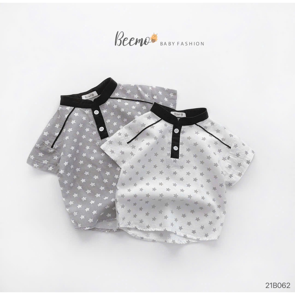 (Hãng Beemo)Bộ quần áo sơ mi cổ tàu họa tiết Ngôi sao phối viền chất sơ mi thô lụa kèm quần kaki mềm cho bé đi học