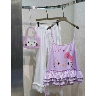 Áo 2 Dây Nữ In Mèo Nơ Hồng Trái Tim Phối Bèo Gấu Xoè 3 Tầng Có Chốt Tăng Giảm Freesize