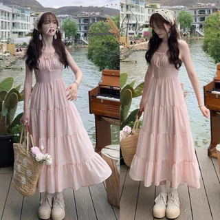 Váy Nữ Váy Maxi 2 Dây Nhún Ngực Chất Vải Đũi Tơ Mềm Mát May 2 Lớp Thiết Kế Hở Lưng Thắt Nơ Siêu Xinh
