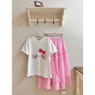 Set Bộ Đồ Nữ Áo Phông In Mặt MÈo Nơ Hồng Mix Chân Váy Kẻ Caro Hồng Dáng Dài Phối Bèo Xếp Freesize