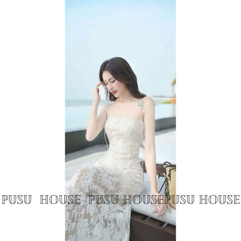 [Hàng sẵn-y hình]Đầm maxi 2s dáng dài ren hoa đi biển đi tiệc đều xinh- PUSU HOUSE