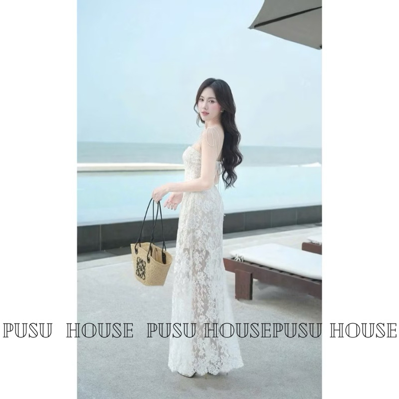 [Hàng sẵn-y hình]Đầm maxi 2s dáng dài ren hoa đi biển đi tiệc đều xinh- PUSU HOUSE
