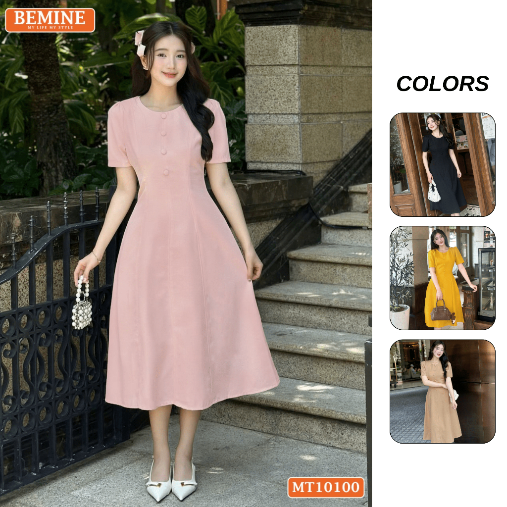 Ảnh Đầm thiết kế BEMINE cổ tròn đính cúc dáng chữ A tay ngắn phù hợp đi làm, đi dạo phố-MT10100 1