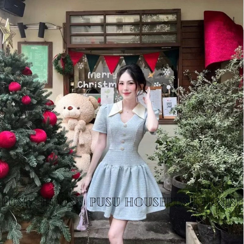 Đầm dự tiệc cổ bẻ phối nút dáng xoè vải dạ trẻ trung sang trọng- PUSU HOUSE