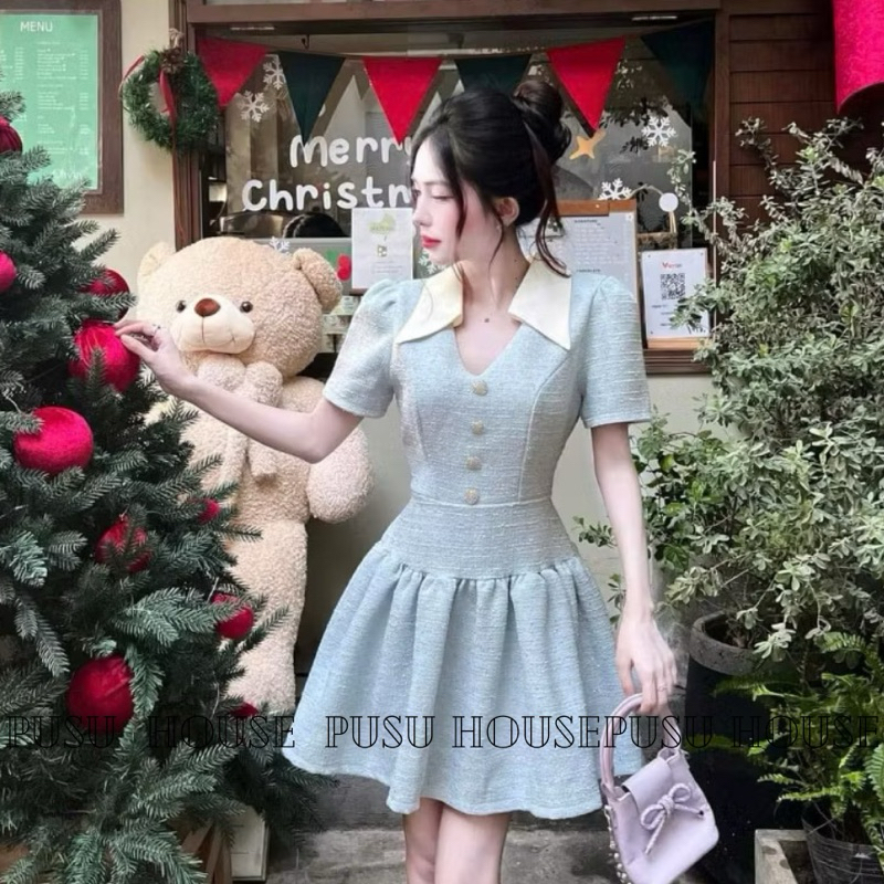 Đầm dự tiệc cổ bẻ phối nút dáng xoè vải dạ trẻ trung sang trọng- PUSU HOUSE