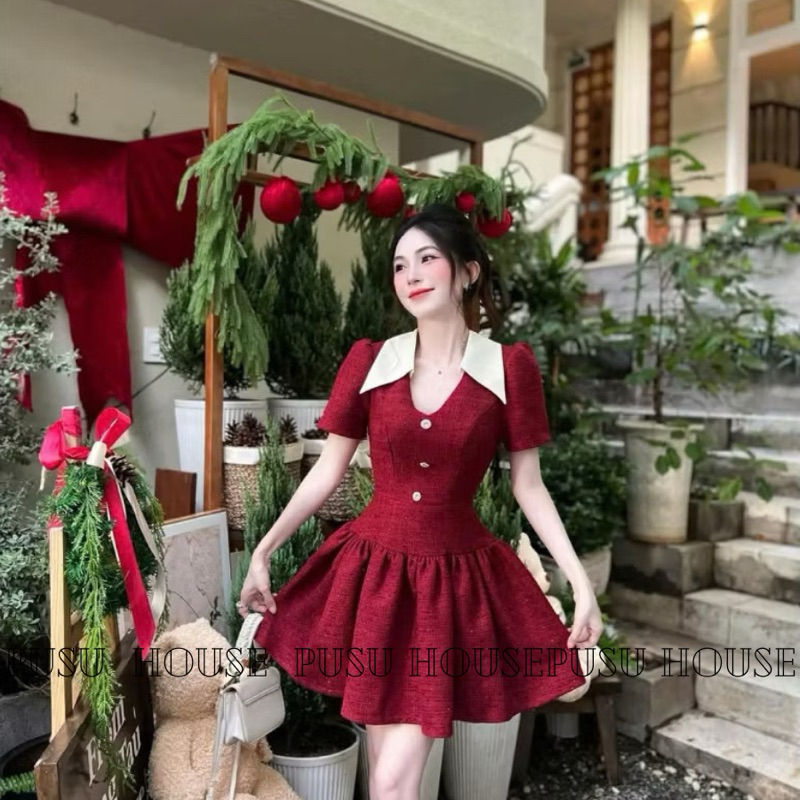 Đầm dự tiệc cổ bẻ phối nút dáng xoè vải dạ trẻ trung sang trọng- PUSU HOUSE