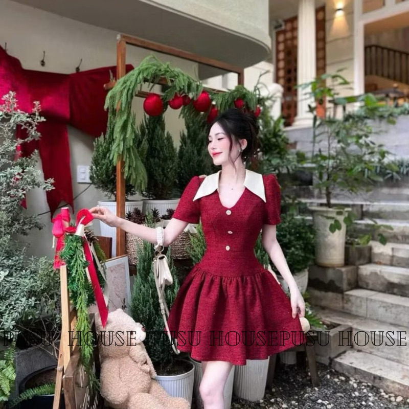 Đầm dự tiệc cổ bẻ phối nút dáng xoè vải dạ trẻ trung sang trọng- PUSU HOUSE