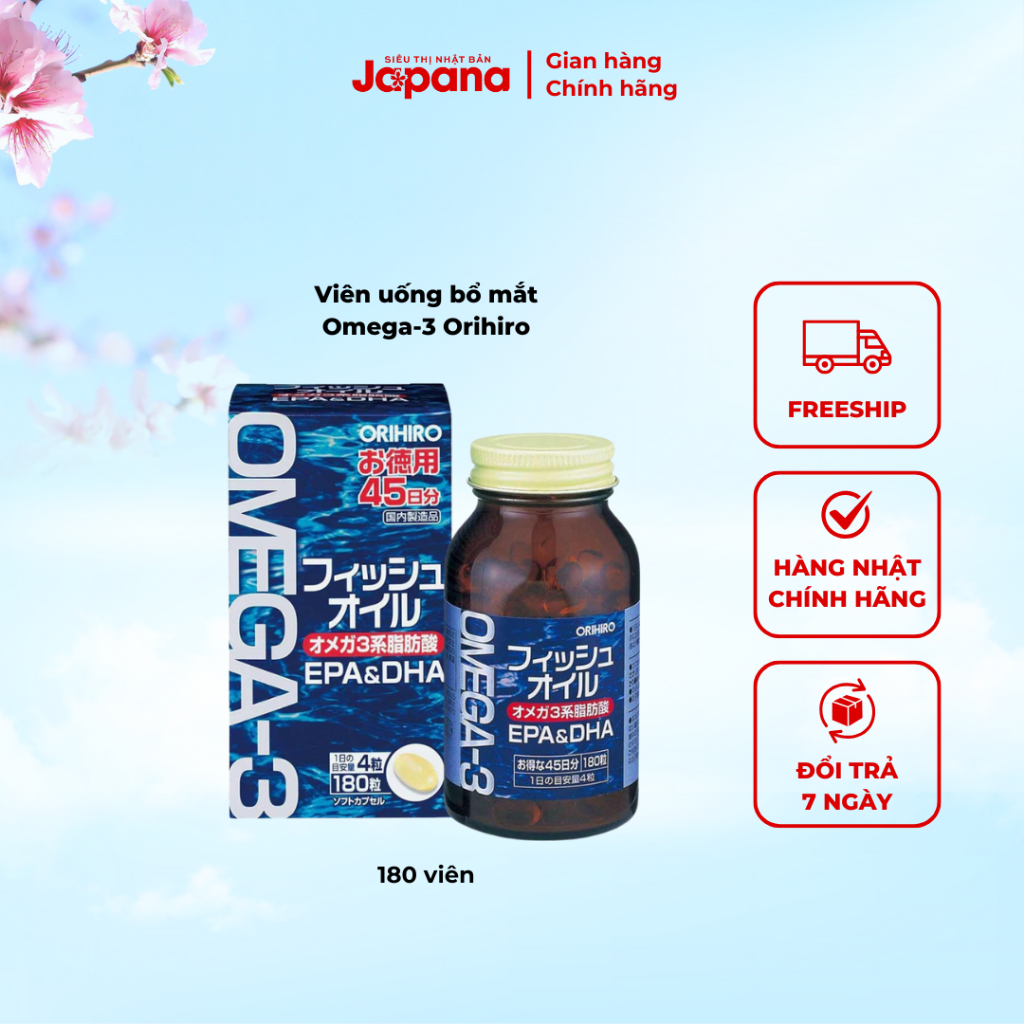 Omega-3 Orihiro 180 viên giảm mỏi mắt, khô mắt, tăng cường trí não