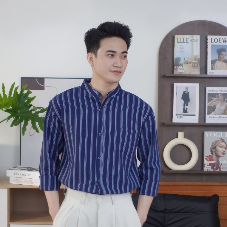Áo Sơ Mi Nam Cổ Tàu Kẻ Sọc Xanh Oxford Vải Oxford 260GSM Dày Dặn Cao Cấp Halley A33