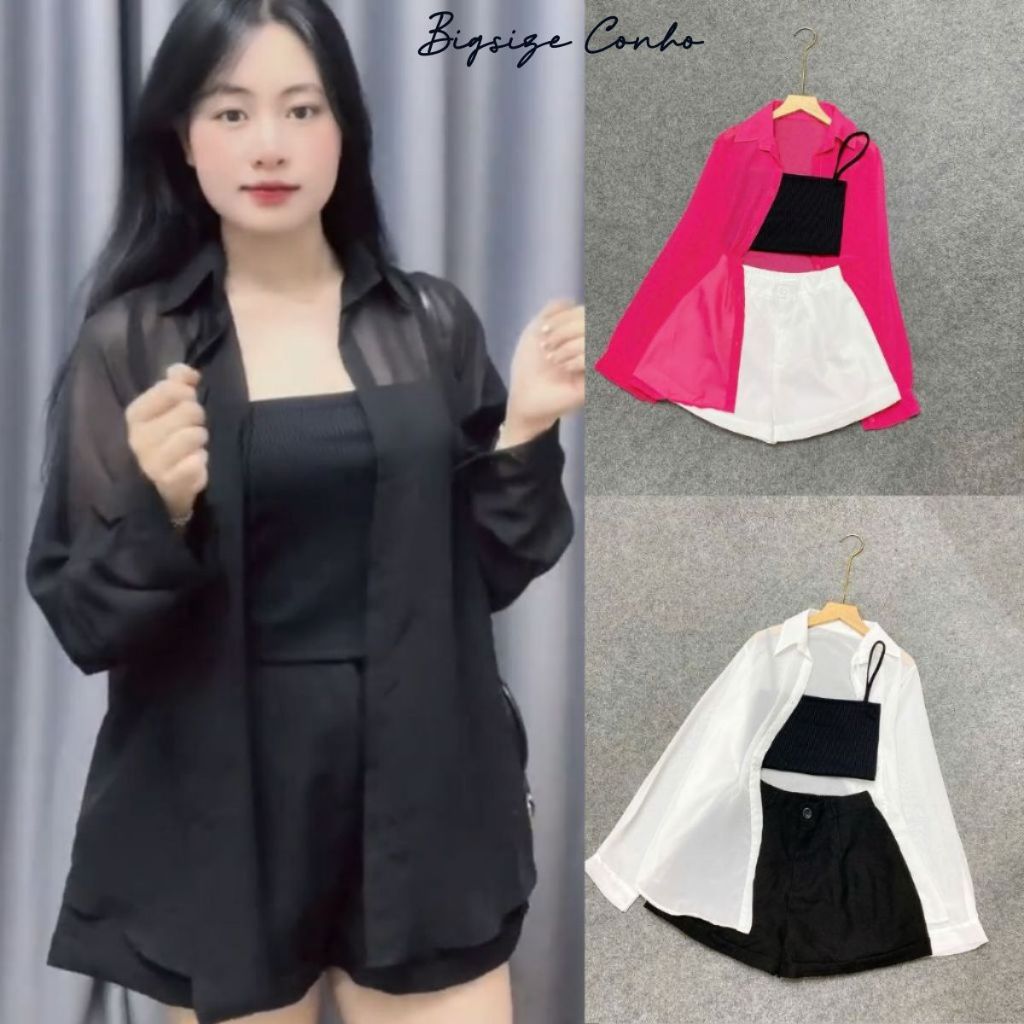 Set Đồ Đi Biển Bigsize Nữ 3 Móm Áo Sơ Mi Voan Kèm Áo 2 Dây, Quần Đùi Big Size Vải Fos SET967