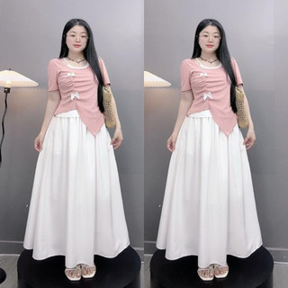 Set Áo Váy Bigsize Nữ Áo Thun Kiểu Kèm Váy Dài Midi Tiểu Thư Nhẹ Nhàng Cho Chubby