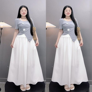 Set Áo Váy Bigsize Nữ Áo Thun Kiểu Kèm Váy Dài Midi Tiểu Thư Nhẹ Nhàng Cho Chubby