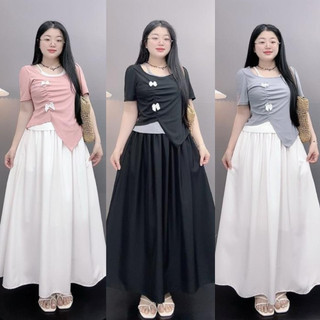 Set Áo Váy Bigsize Nữ Áo Thun Kiểu Kèm Váy Dài Midi Tiểu Thư Nhẹ Nhàng Cho Chubby