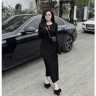 Set Bộ Đồ Nữ Tăm Đen Áo Croptop Dài Tay Cúc Bọc Đỏ Ôm Body Mix Chân Váy Dáng Dài Freesize