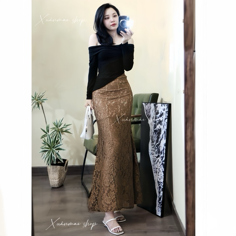 (Chân váy 105cm) Set áo trễ vai chân váy ren đuôi cá dài Xuân Mai shop chân váy hoa lưới